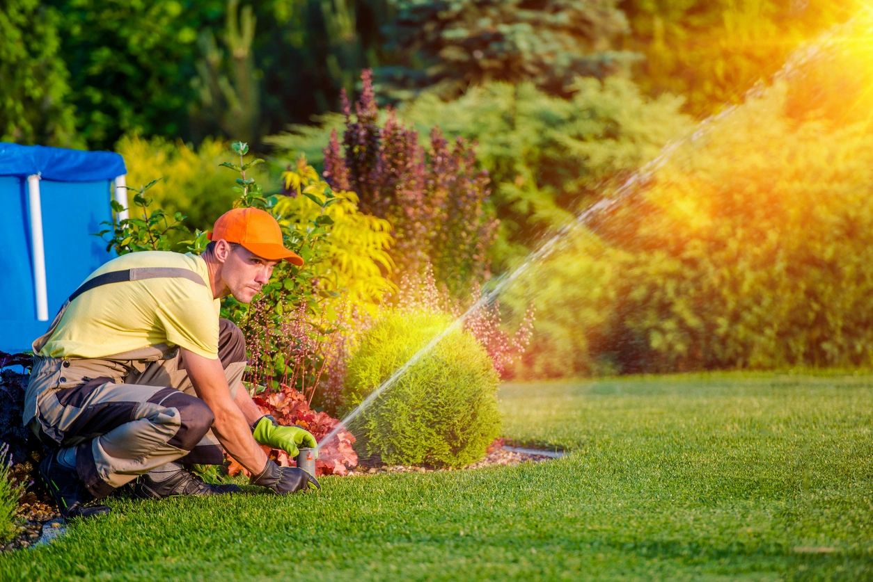 A man in an orange hat is watering the grass.